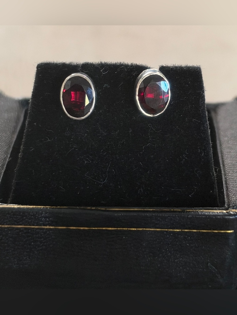 Sterling Silver Red Garnet Oval Stud Earrings